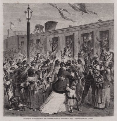 Soldaten van de Pruisische Gardelandwehr verwelkomd op Potsdam Station, Berlijn, bij hun terugkeer van de Frans-Pruisische Oorlog, 22 maart 1871 door German School