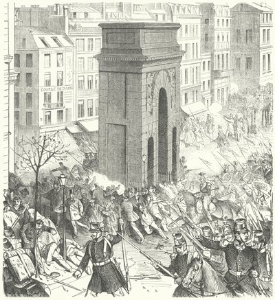 Soldaten op de straten van Parijs tijdens de Franse staatsgreep van december 1851 (gravure) door German School