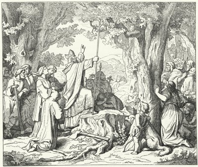 St. Bonifatius velt de eik van Donar, heilig voor de heidense Germanen (gravure) door German School