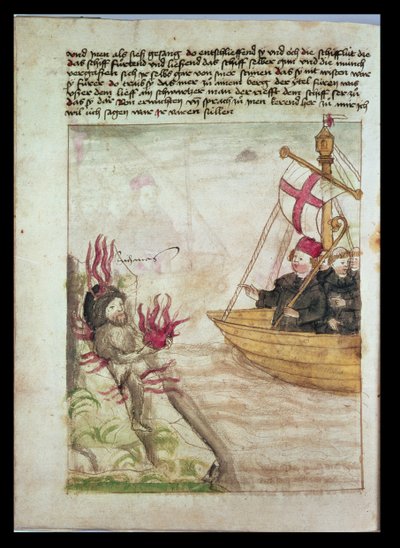 St. Brendan in zijn schip, uit de Duitse vertaling van Navigatio Sancti Brendani Abbatis, ca. 1476 door German School