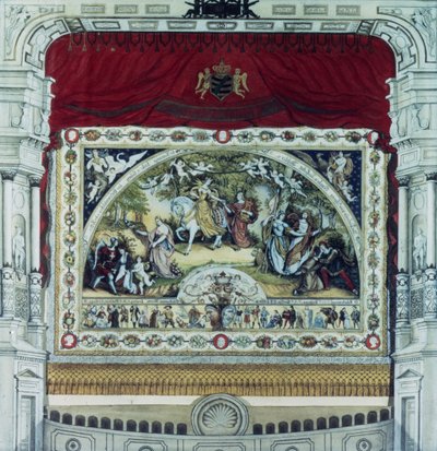 Podium en decoratief gordijn van het Dresden theater door German School