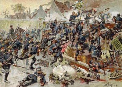 Bestorming van de grote barricade bij de ingang van Le Bourget door het Queen Elisabeth 3e Regiment Grenadier Guards, Frans-Pruisische Oorlog, 30 oktober 1870 door German School