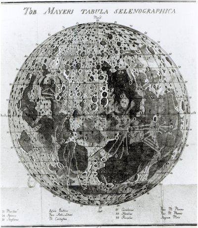 Oppervlakte van de maan, illustratie uit Selenotopographische Fragmente door Johann Hieronymus Schroeter, gepubliceerd in 1791 door German School