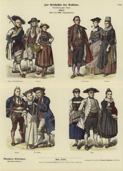 Zwitserse kostuums, eind 18e eeuw door German School