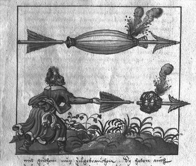 Tactisch gebruik van artillerie: brandende pijlen, illustratie uit L