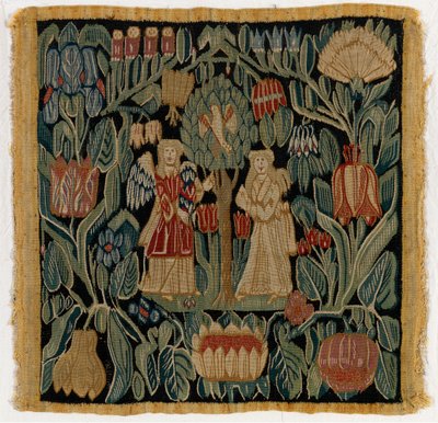 Wandtapijtkussenhoes met de Aankondiging, uit Nedersaksen of Denemarken, na 1600 door German School