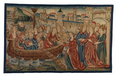Tapijtpaneel met de ontmoeting van St. Ursula en Prins Artherius in Mainz, uit Midden-Rijnland, eind 15e eeuw (wol & metaalgaren) door German School