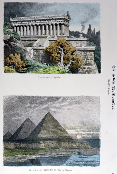Tempel van Diana in Efeze en de piramides van Gizeh, uit een serie van de Zeven Wereldwonderen gepubliceerd in Munchener Bilderbogen, 1886 door German School