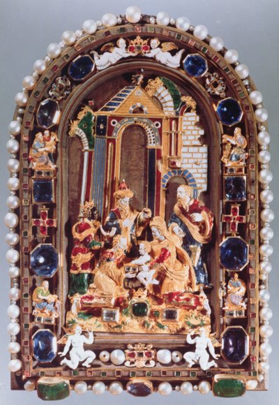 De aanbidding van de koningen, reliëfplaat omlijst met miniatuurfiguren van de vier evangelisten en putti afgewisseld met saffieren, uit München door German School