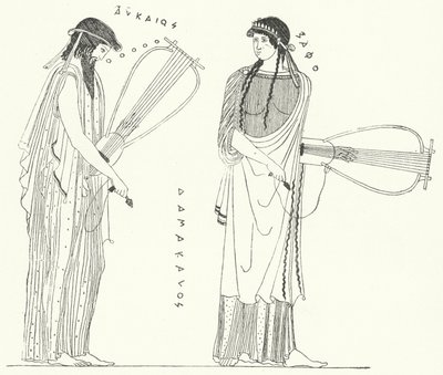 De oude Griekse dichter Alcaeus en zijn geliefde Sappho (gravure) door German School