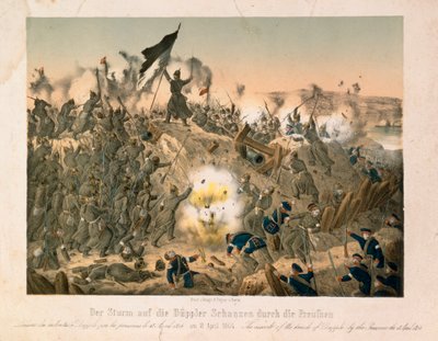 De Slag bij Dybboel in de Tweede Sleeswijkse Oorlog, op 18 april 1864, gepubliceerd door Verlag A. Felgner, Berlijn, 1864 door German School