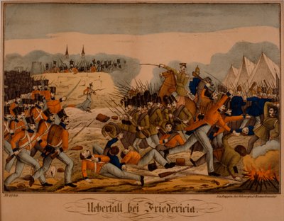 De Slag bij Fredericia tijdens de Eerste Sleeswijkse Oorlog, 6 juli 1849, Neuruppiner Bilderbogen, uitgegeven door Oehmigke & Riemschneider, ca. 1850 door German School