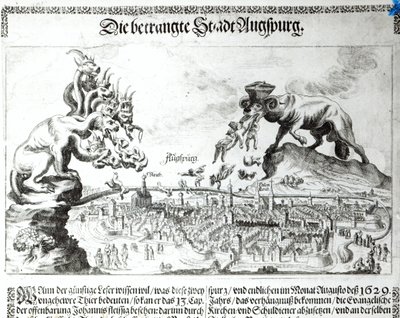 De stad Augsburg gedwongen katholieke overheersing te accepteren in 1629 (gravure) door German School
