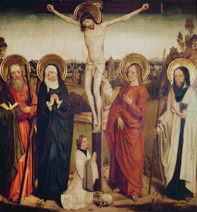 De Kruisiging, met Sint Andreas, Sint Matteüs en een man knielend aan de voet van het kruis door German School