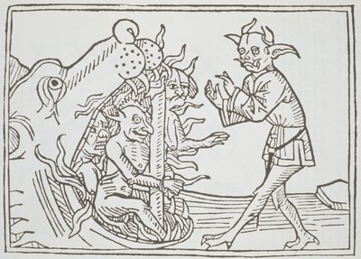 De Duivel Belial voor de Poorten van de Hel, uit Das Buch Belial, gepubliceerd in Augsburg, 1473 door German School