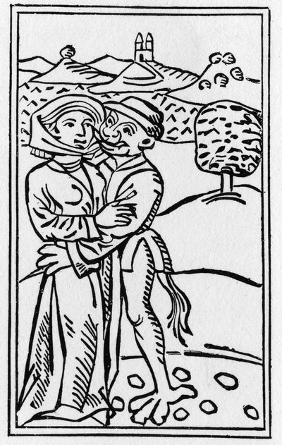 De Duivel verliefd op de Heks (De Kus van de Duivel) - Gravure uit 1489 in 