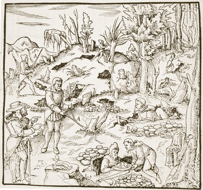 De wichelroede, uit Bergwerk Buch door Georg Agricola, Frankfurt 1580, geïllustreerd in een Geschiedenis van de Magie, gepubliceerd eind 19e eeuw door German School