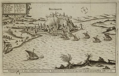 De Val van Belgrado aan de Turken in 1521, illustratie uit een boek over de Ottomaanse campagnes in Europa, gegraveerd door Paul Furst (ca. 1605-66) door German School