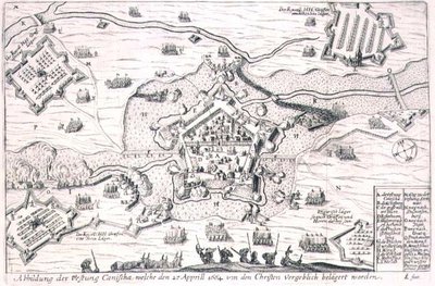 Het fort van Canischa tevergeefs belegerd door de christenen in 1664, illustratie uit een boek over de Ottomaanse campagnes in Europa, gegraveerd door Paul Furst door German School