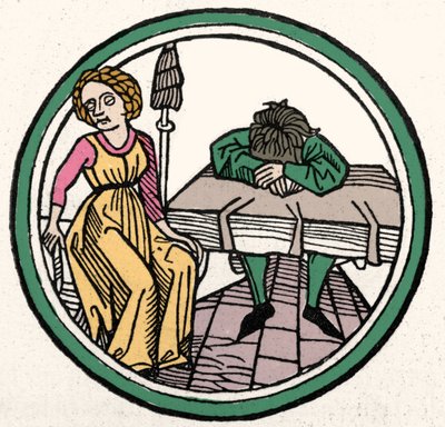 De vier temperamenten: Melancholisch (verdrietig en depressief) Xylografie, Augsburg 1480 door German School