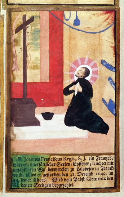 De Franse jezuïetenvader Jean François Regis (1597-1640) knielend voor een crucifix, uit Het Martyrologium van de Jezuïeten, 1688 door German School