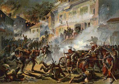 De Duitse 22e Infanteriedivisie bestormt Franse posities bij Chateaudun, Frans-Pruisische Oorlog, 18 oktober 1870 door German School