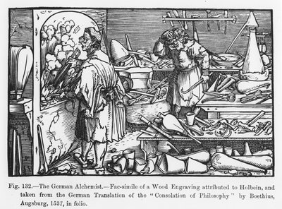 De Duitse alchemist, uit Consolation of Philosophy door Boethius, illustratie uit Science and Literature in the Middle Ages and Renaissance, geschreven en gegraveerd door Paul Lacroix, 1878 door German School