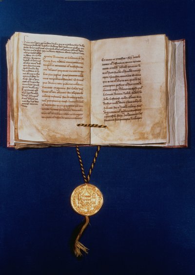 De Gouden Bul van Karel IV, Heilige Roomse Keizer, 1400 (perkament en goud) door German School