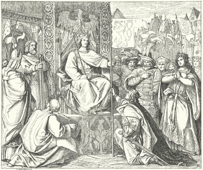 De Heilige Roomse Keizer Hendrik VII roept zijn zoon, Jan van Bohemen, terug (gravure) door German School