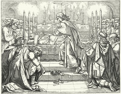 De Heilige Roomse keizer Otto III bij het graf van St. Adalbert van Praag door German School