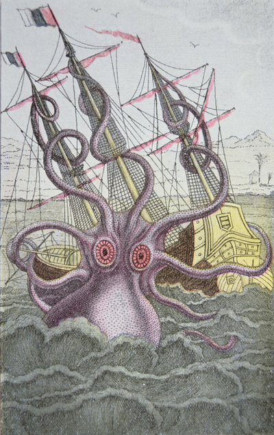 De Kraken sleept een schip naar beneden (gekleurde gravure) door German School
