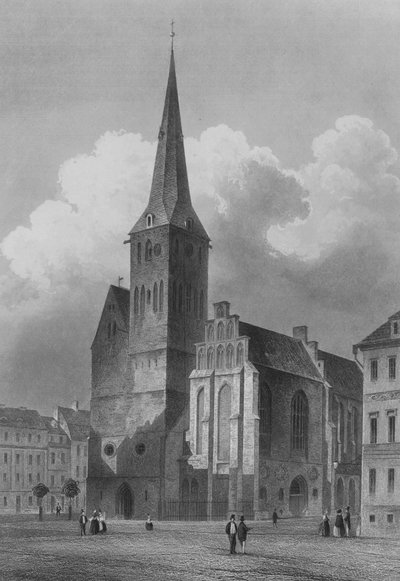 De Nikolaikirche, Berlijn (staalgravure) door German School