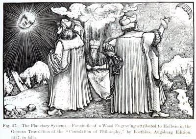 De Planetaire Systemen, uit De Troost van Filosofie door Boethius, gepubliceerd in 1537, illustratie uit Wetenschap en Literatuur in de Middeleeuwen en Renaissance, geschreven en gegraveerd door Paul Lacroix door German School