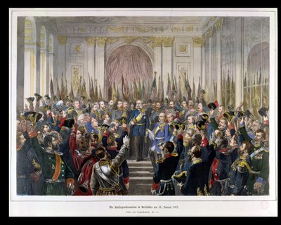 De proclamatie van Wilhelm als keizer van het nieuwe Duitse Rijk, in de Spiegelzaal van Versailles op 18 januari 1871, 1871 (kleurgravure) door German School