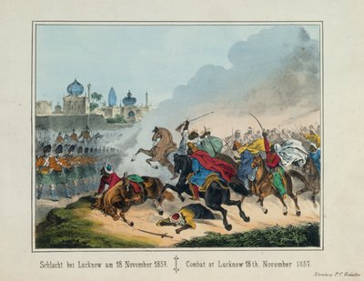 Het Beleg van Lucknow in Uttar Pradesh tijdens de Indiase Opstand van 1857, picturaal pamflet uitgegeven door P.C. Geissler, Neurenberg, 1857 door German School