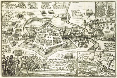 Het Beleg van Neuhausel door de Turken in 1663, illustratie uit een boek over de Ottomaanse campagnes in Europa, gegraveerd door Paul Furst (ca. 1605-66) door German School