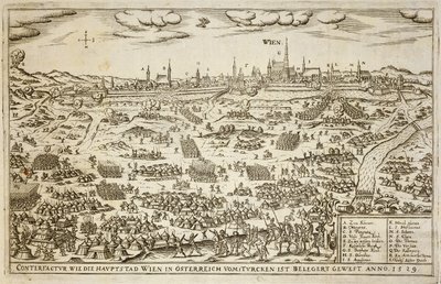 Het Beleg van Wenen in 1529, illustratie uit een boek over de Ottomaanse campagnes in Europa, gegraveerd door Paul Furst (ca. 1605-66) door German School
