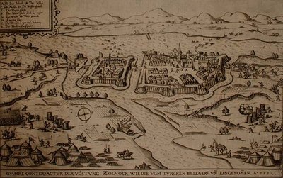 Het beleg van Zolnock door de Turken in 1552, illustratie uit een boek over de Ottomaanse campagnes in Europa, gegraveerd door Paul Furst door German School