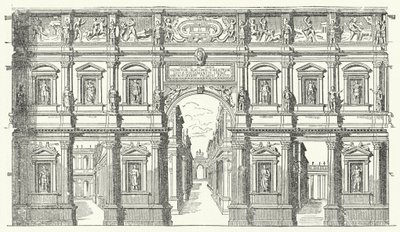 Het Teatro Olimpico ("Olympisch Theater") in Vicenza, Noord-Italië (gravure) door German School