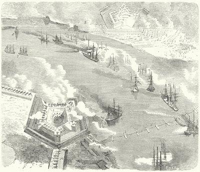 De Unie-vloot die Fort Jackson en Fort St. Philip aanvalt, Louisiana, Amerikaanse Burgeroorlog, 1862 door German School