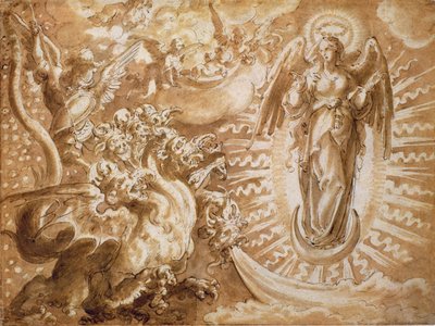 De Vrouw Bekleed met de Zon en de Zevenkoppige Draak, c.1600 door German School