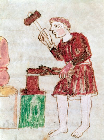 De smid die ijzer slaat op een miniatuur aambeeld uit het manuscript "De Universo" door German School