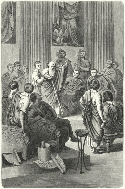 De blinde Appius Claudius Caecus spreekt in de Romeinse Senaat tegen Cineas, de ambassadeur van Pyrrhus van Epirus, 279 v.Chr. (gravure) door German School