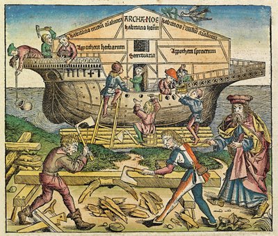 De bouw van de Ark van Noach, gepubliceerd in de Neurenberg Kroniek, 1493 door German School