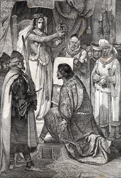 De kroning van Erik XIII van Pommeren als koning van de Noordse koninkrijken Zweden, Denemarken en Noorwegen, door Margaretha I van Denemarken door German School