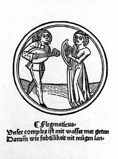 De vier temperamenten: flegmatisch (traag en apathisch). Houtsnede, Augsburg 1480 door German School