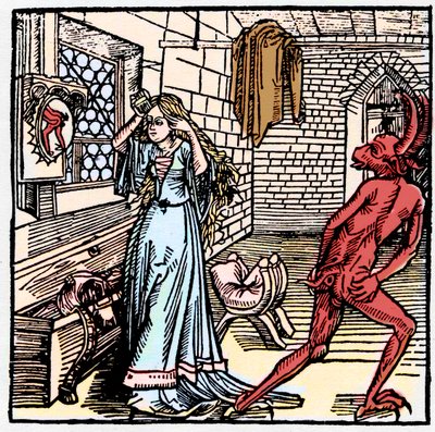 De dame die zichzelf bewondert in de spiegel ziet alleen een weerspiegeling van de achterkant van de demon - symbool van IJdelheid - Oneerbiedig gedrag van de duivel tegenover een kokette vrouw - in 