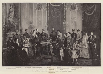 De overleden keizer Wilhelm en zijn familie, een herdenkingsscène (gravure) door German School