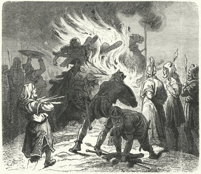 De legendarische Zweedse koning Sigurd Hring verbrandt het lichaam van Harald Wartooth na de Slag bij Bravellir (gravure) door German School