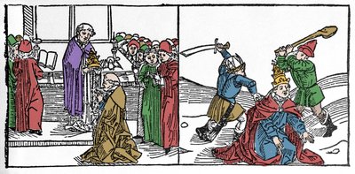 Het martelaarschap van Sint Fabianus (3e eeuw), paus gemarteld en vervolgens onthoofd, onder het bewind van keizer Decius. Gravure uit 